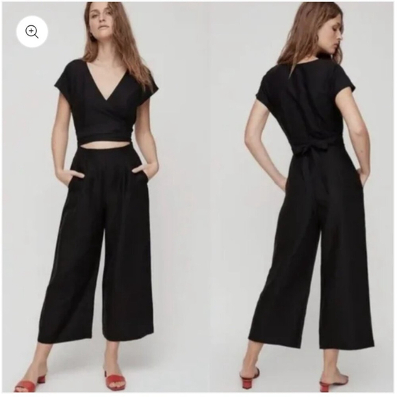 Aritzia Pants - Aritzia Black Sleeveless Jumpsuit linen wide leg wrap top office casual neutral